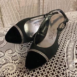 DeLiso satin/velvet with rhinestone detail sling back heels.
